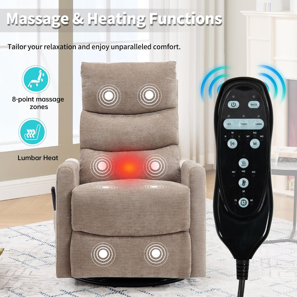Manual Swivel Rocker Recliner Chair for Adults, Overstuffed Reclining Glider Chair for Nursing with Vibration Massage & Heat, Living Room Rocking Recliner 3-Stage backrest, Chenille Fabric Khaqi
