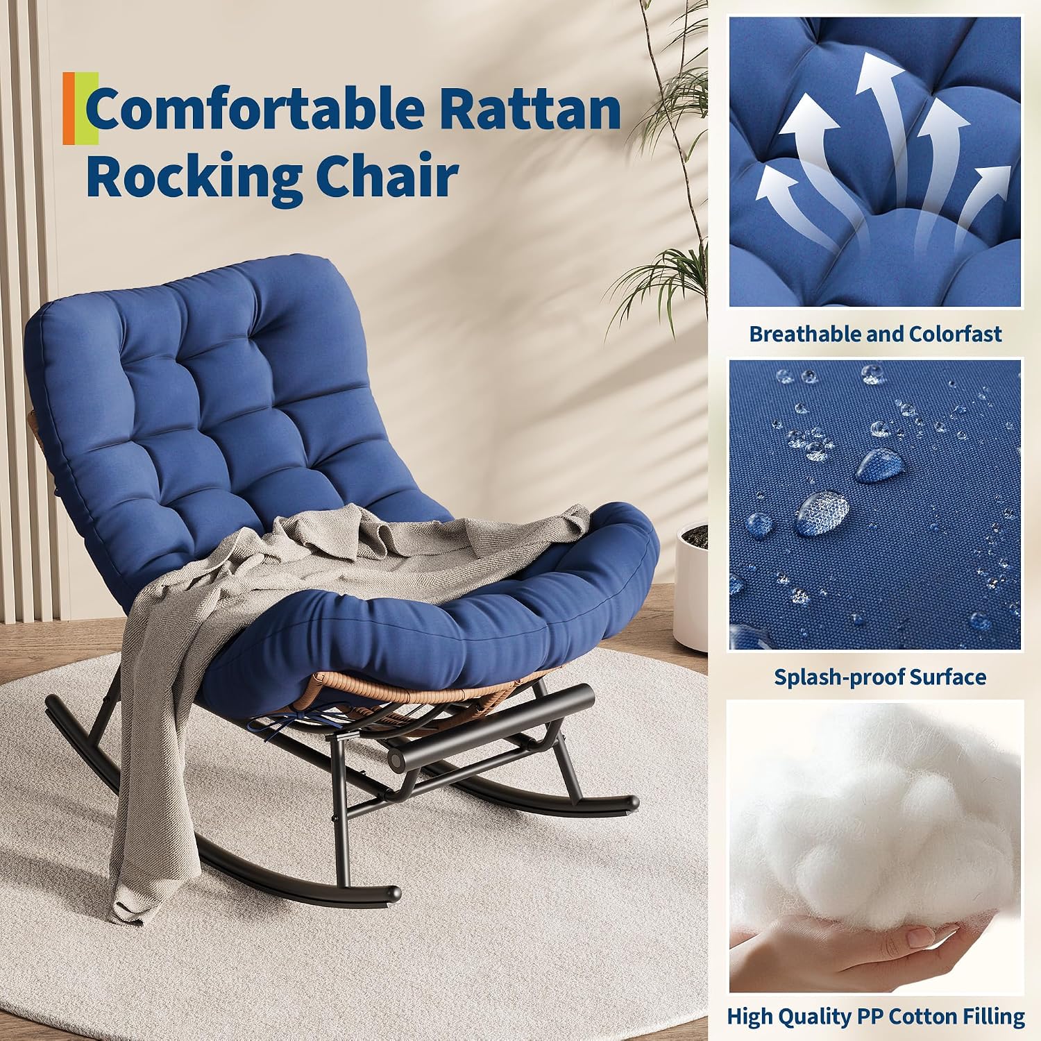 Garvee Outdoor Rocking Chair with Footrest, Oversized Patio Papasan Chairs with Cushion, Modern Lounge Rocker Chair for Indoor Living Room Garden Porch Balcony, Blue
