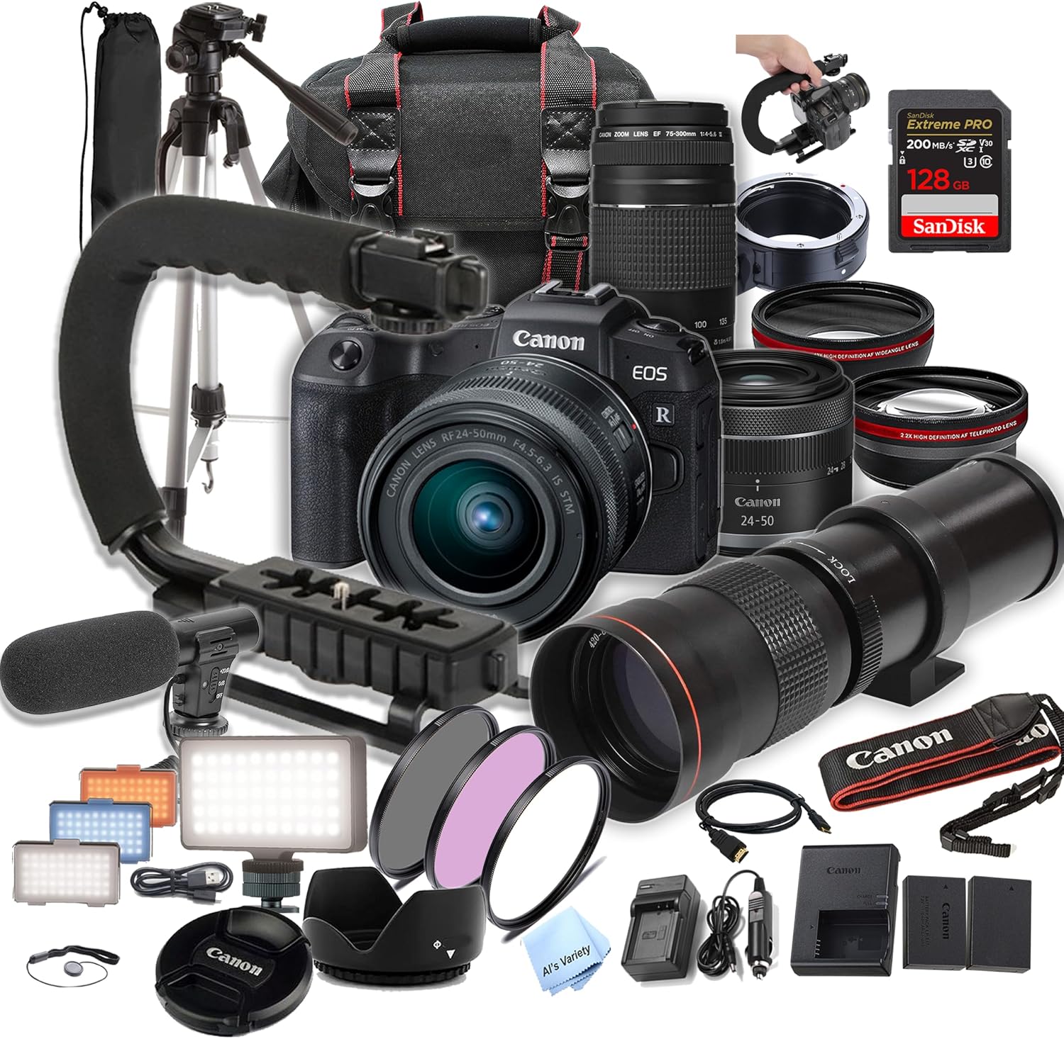 Canon EOS RP Camera Bundle with 24-50mm + 75-300mm + 420-800mm Super Telephoto Lens +128GB Extreme Speed, U-Grip, Microphone, LED Light, Spare Battery, Filter Kit, More (Extreme Pro-Bundle) (Renewed)
