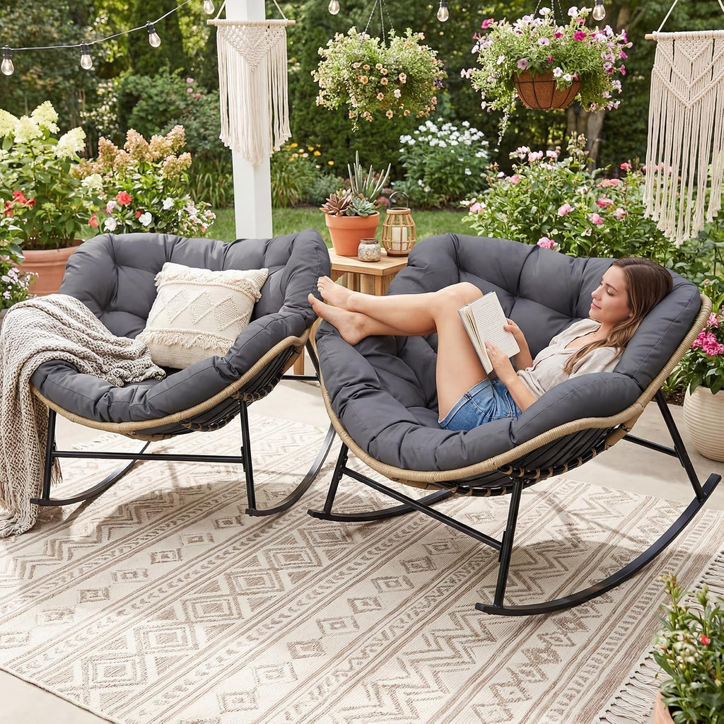 FINCATI 2 PCS Indoor Outdoor Papasan Rocking Chair, Oversized Double Wide PE Wicker Recliner with Cushion and Frame, 700 lbs Capacity, Comfy Lounge Chairs for Reading, Bedroom, Balcony & Garden Grey