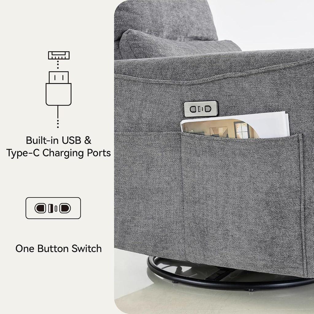 Power Swivel Rocker Recliner,Fabric Glider Recliner Nursery Chair,Small Rocking Chair,Single Reclining Sofa with Lumbar Support,USB&Type-C Ports,Living Room Home Threater Seat, Flint Grey