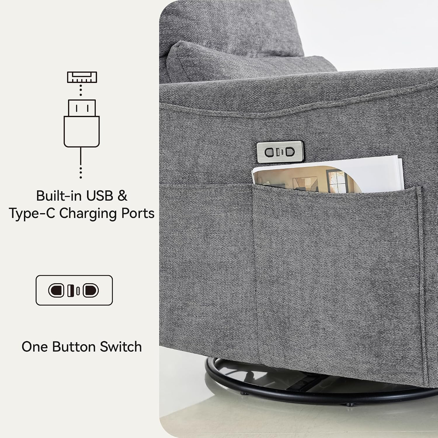 Power Swivel Rocker Recliner,Fabric Glider Recliner Nursery Chair,Small Rocking Chair,Single Reclining Sofa with Lumbar Support,USB&Type-C Ports,Living Room Home Threater Seat, Flint Grey