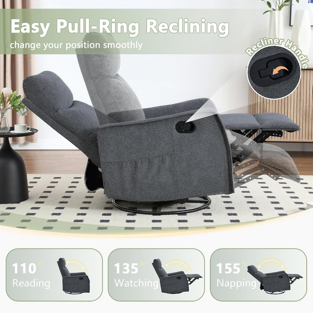cinkehome Swivel Rocker Recliner, Glider Rocker Recliner Chair for Nursery, Manual Reclining Chair with Heated Massage, Small Spaces, Living Room, Linen Dark Grey