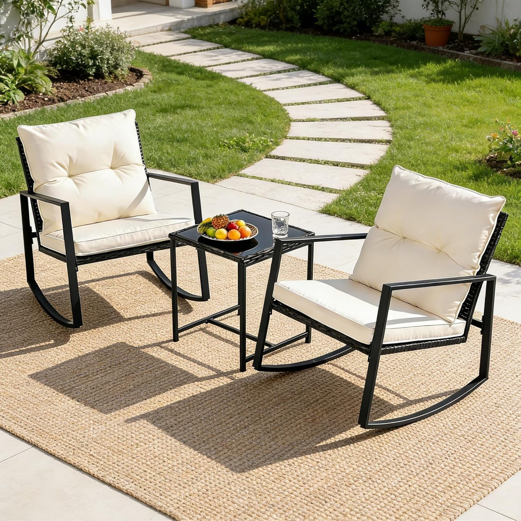 SUNCROWN 3 Piece Outdoor Rocking Bistro Set Black Wicker Furniture Porch Chairs Conversation Sets with Glass Coffee Table, Beige