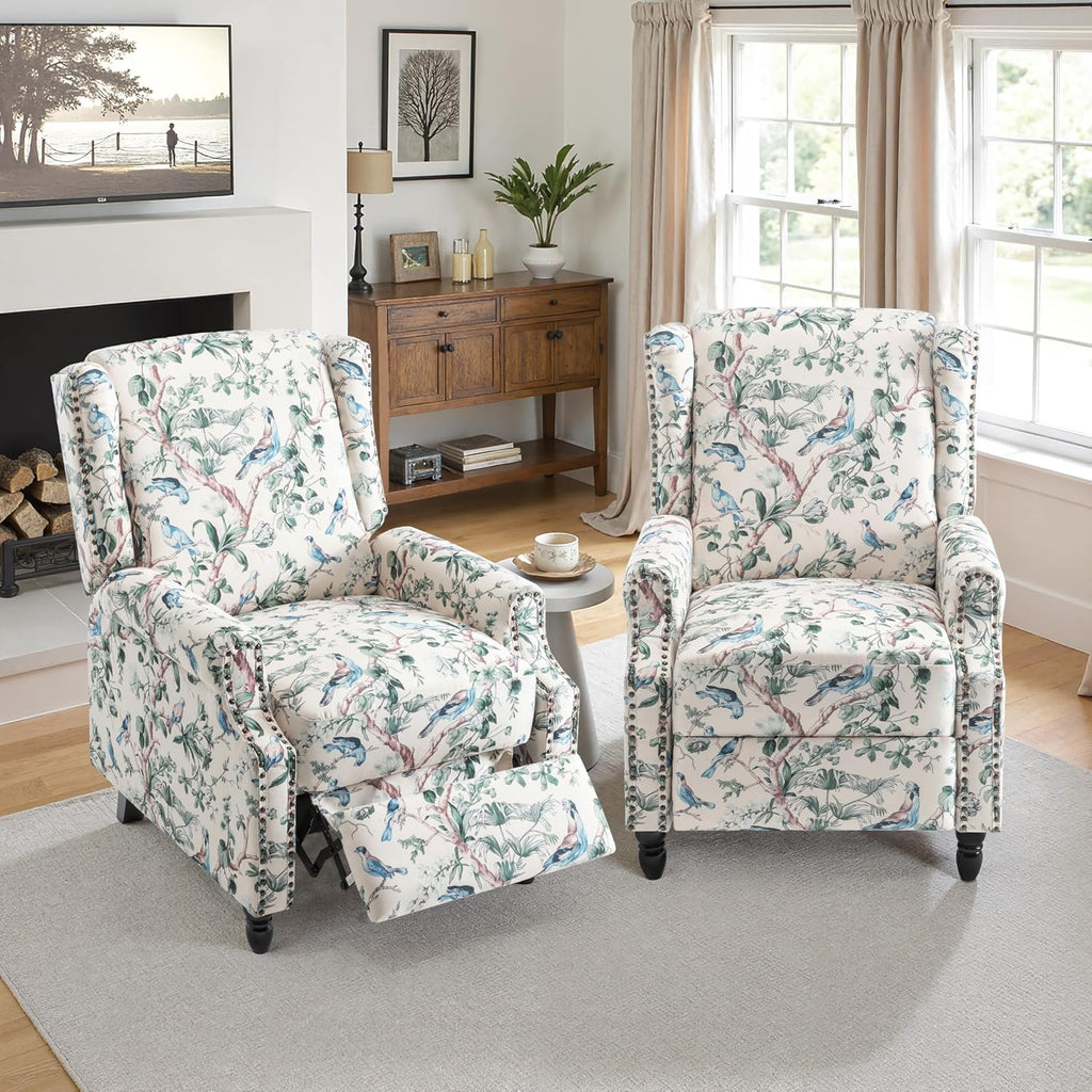 Wingback Recliner Chair, Comfy Fabric Pushback Recliner Chair, Upholstered Armchair Push Back Recliner, Rivet Trim Single Sofa Accent Chair with Wood Legs for Living Room, Bird