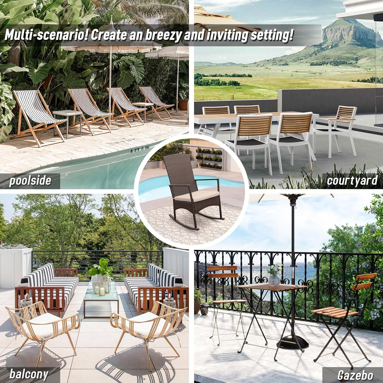 Outdoor Rocking Chair 3 Pieces High-Backed Rocking Chair Patio Rocking Chairs Outdoor Table, Khaki