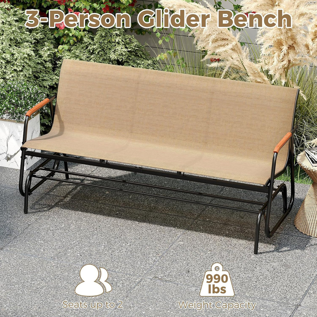 Tangkula 3-Person Outdoor Glider Bench, Patio Gliding Loveseat with Breathable Fabric Seat, Curved Teak Wood Armrests and Metal Frame, Swing Rocking Chair for Backyard, Garden, Porch, Balcony (3 Seat)