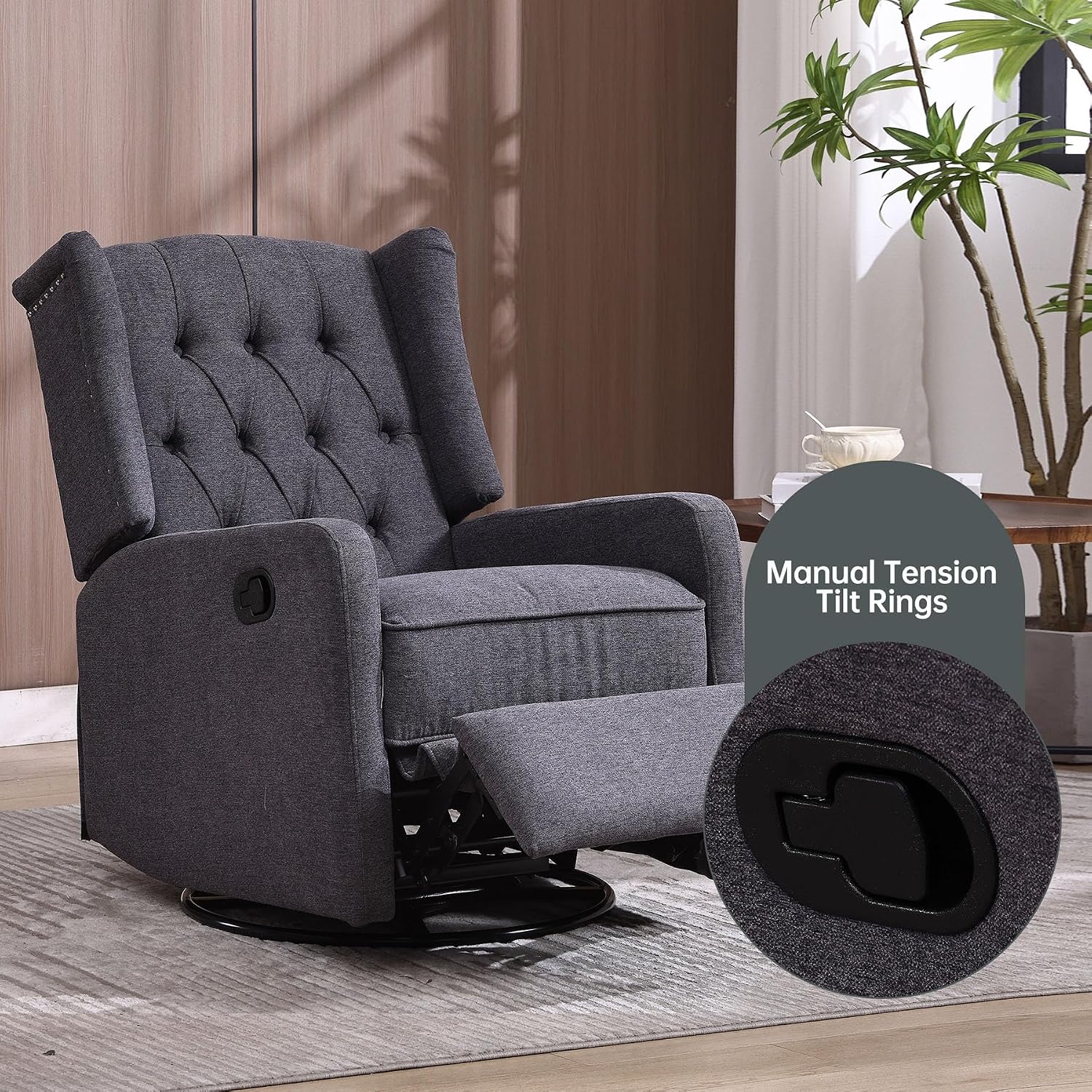 HRVEOCEI Glider Recliner Nursery Chair, Cozy Linen Rocking Chair Nursery Recliner with Adjustable Button Backrest and Footrest, Swivel Recliner Chair for Living Room, Bedroom, Office (Dark Gray)
