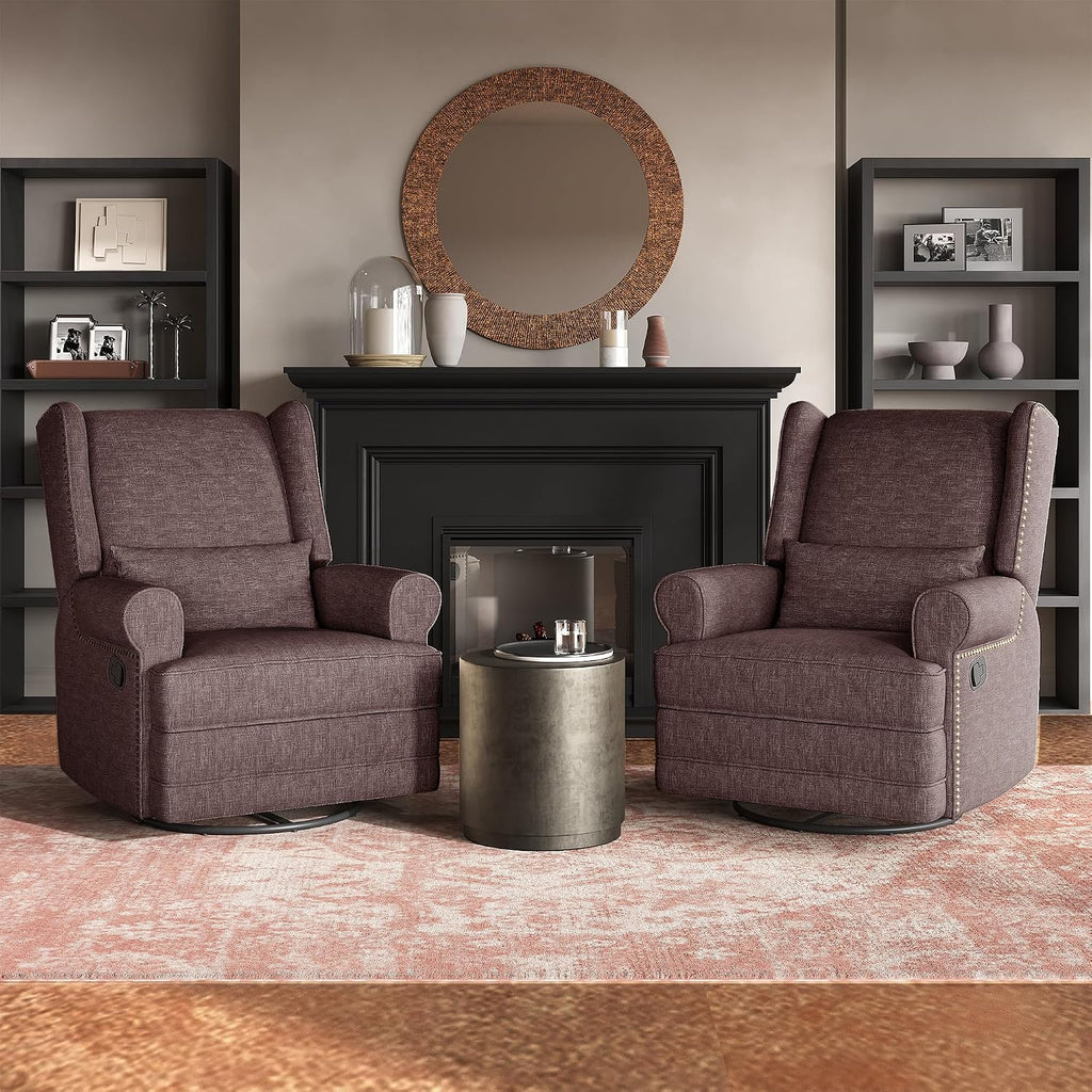 RoyalCraft Swivel Recliner Chair, Comfy Glider Rocking Chairs with Lumbar Pillow and Footrest, Upholstered Swivel Rocking Chair for Living Room, Bedroom, Brown