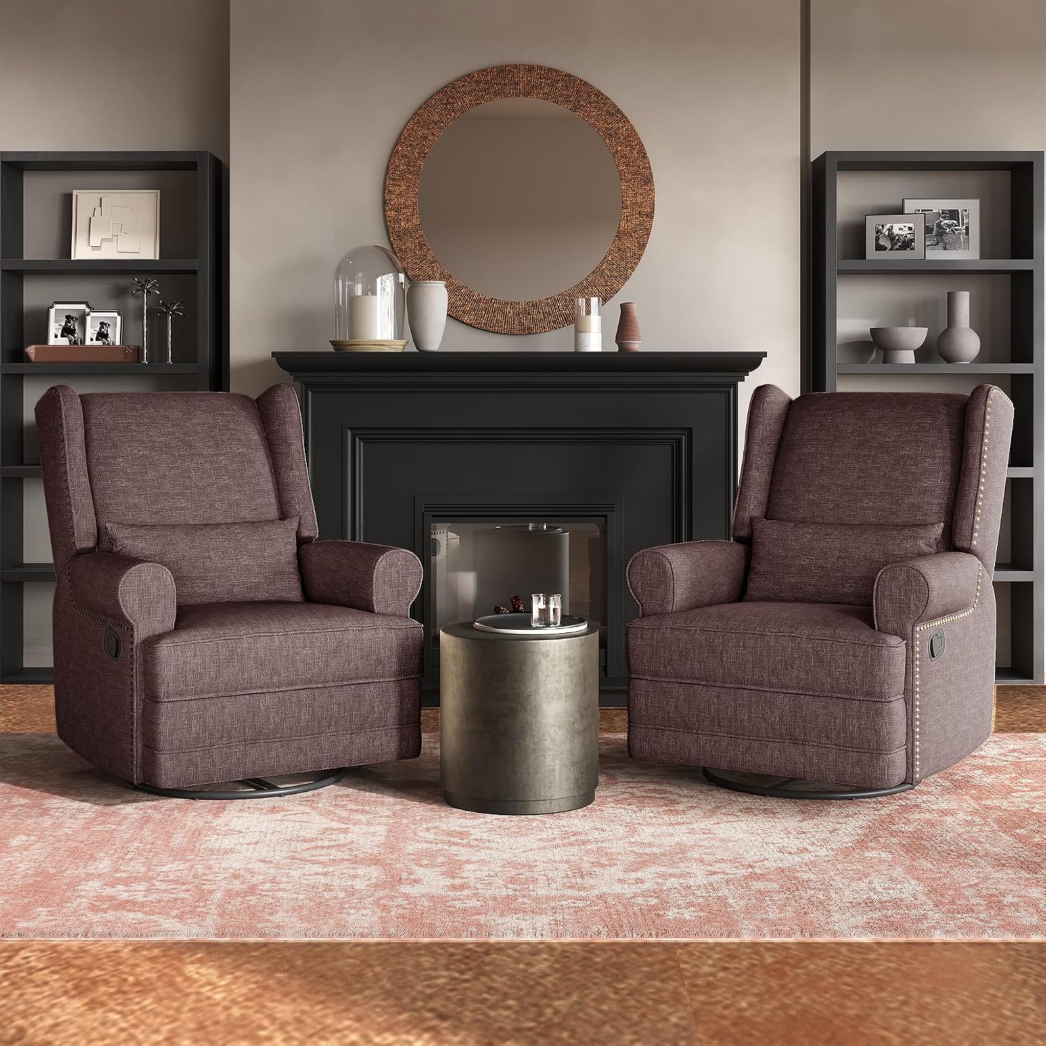 RoyalCraft Swivel Recliner Chair, Comfy Glider Rocking Chairs with Lumbar Pillow and Footrest, Upholstered Swivel Rocking Chair for Living Room, Bedroom, Brown
