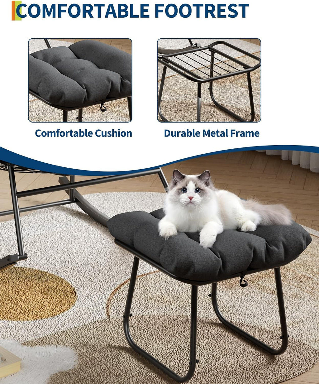 GarveeLife Oversized Papasan Rocking Chair with Footrest, Outdoor Lounge Chair with Ottoman and Sturdy Metal Frame, Patio Rattan Egg Rocker for Balcony Backyard Porch Bedroom, Grey