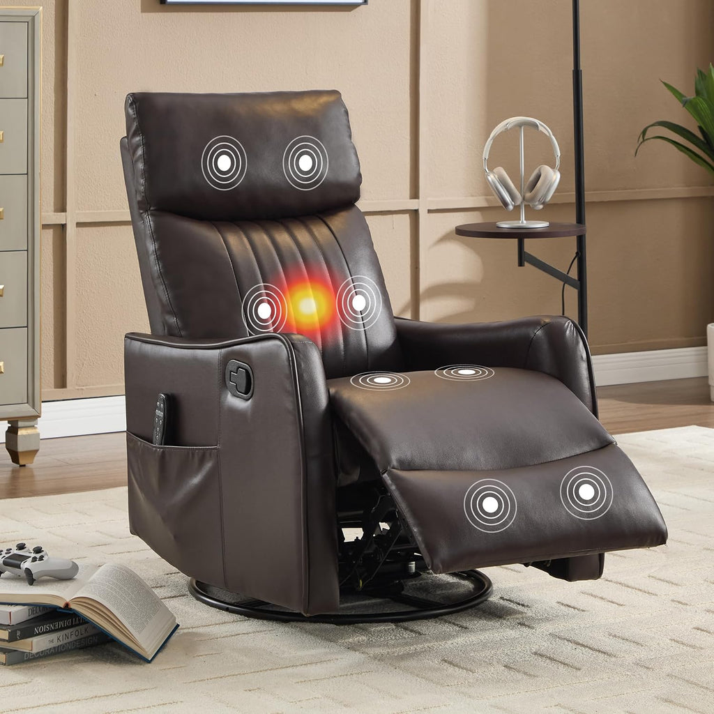 Manual Swivel Rocker Recliner Chair for Adults, Overstuffed Reclining Glider Chair for Nursing with Vibration Massage & Heat, Living Room Rocking Recliner 2-Stage backrest, Faux Leather Dark Brown
