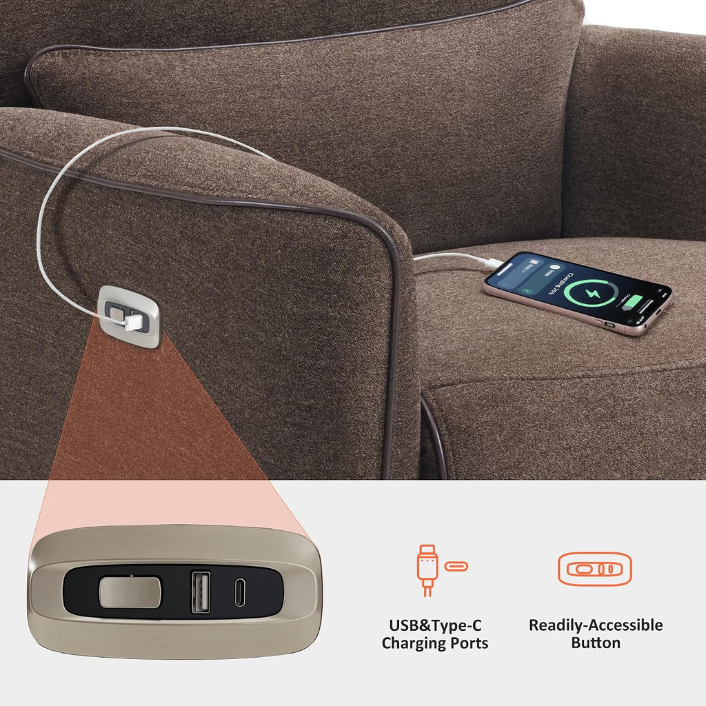 MCombo Swivel Glider Rocker Power Recliner Chair, Electric Swivel Rocker Recliner with USB Charging Ports for Living Room and Nursery, Fabric 6922 (Brown)