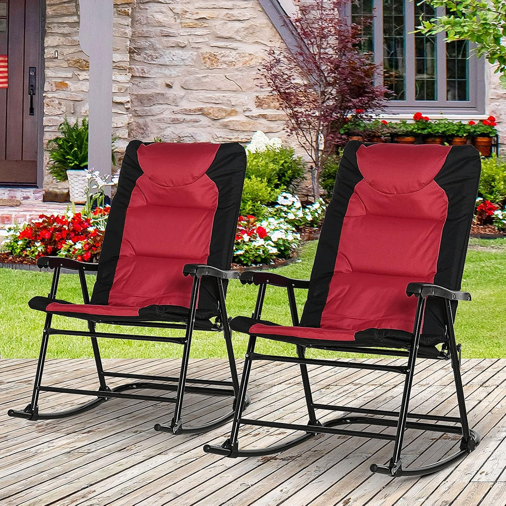 Outsunny Oversized Folding Rocking Camping Chair Set of 2, Padded Outdoor Rockers with High Back and Armrests, Portable Outdoor Patio Chairs with Steel Frame for Garden, Porch, Lawn, Red