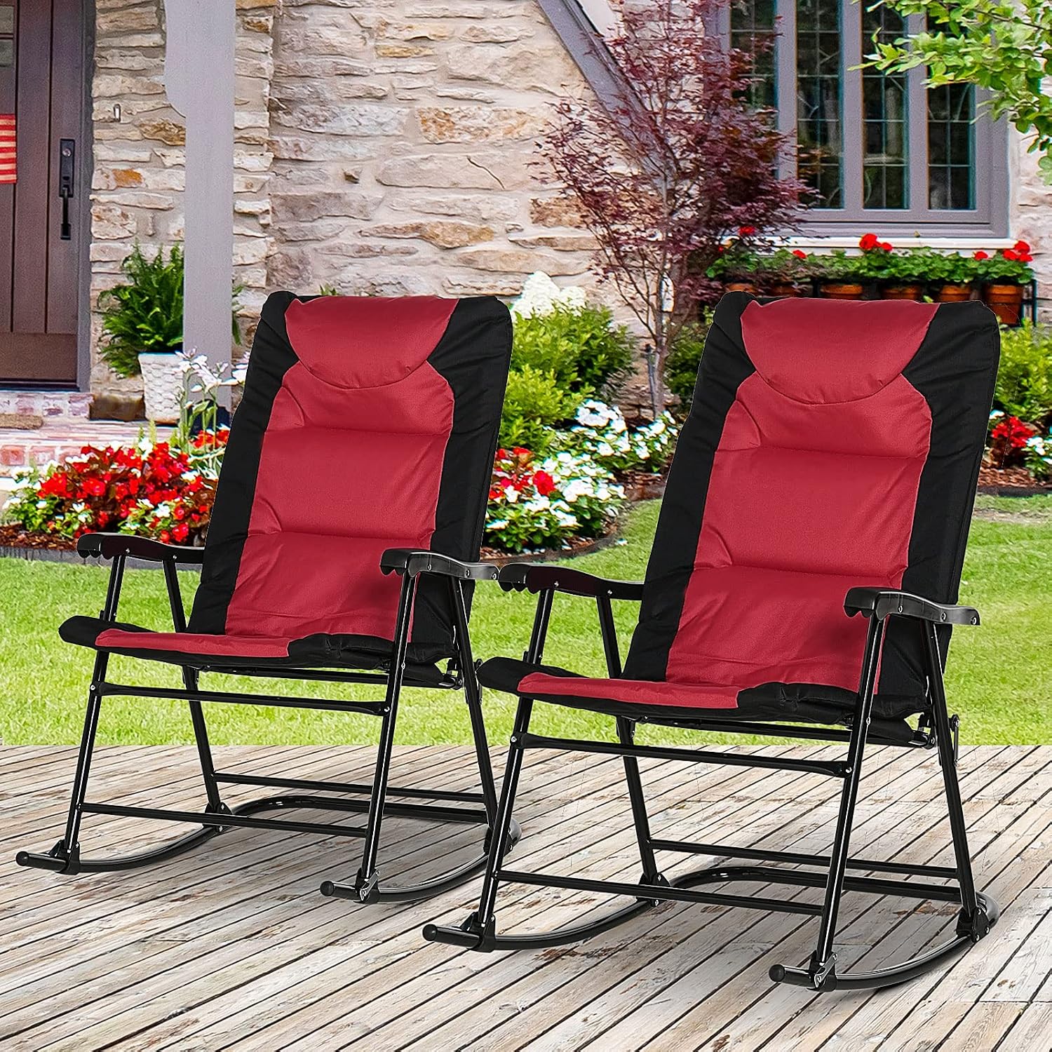 Outsunny Oversized Folding Rocking Camping Chair Set of 2, Padded Outdoor Rockers with High Back and Armrests, Portable Outdoor Patio Chairs with Steel Frame for Garden, Porch, Lawn, Red