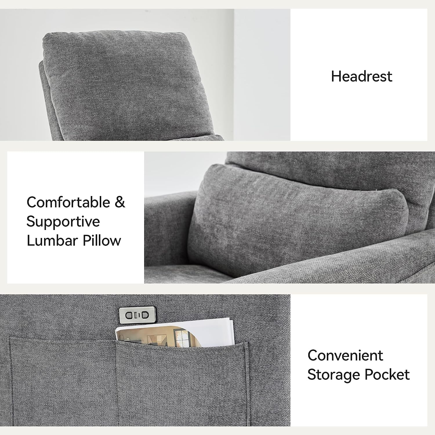 Power Swivel Rocker Recliner,Fabric Glider Recliner Nursery Chair,Small Rocking Chair,Single Reclining Sofa with Lumbar Support,USB&Type-C Ports,Living Room Home Threater Seat, Flint Grey
