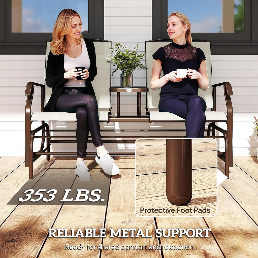 Outsunny Outdoor Glider Bench with Center Table, Metal Frame Patio Loveseat with Breathable Mesh Fabric and Armrests for Backyard Garden Porch, Beige