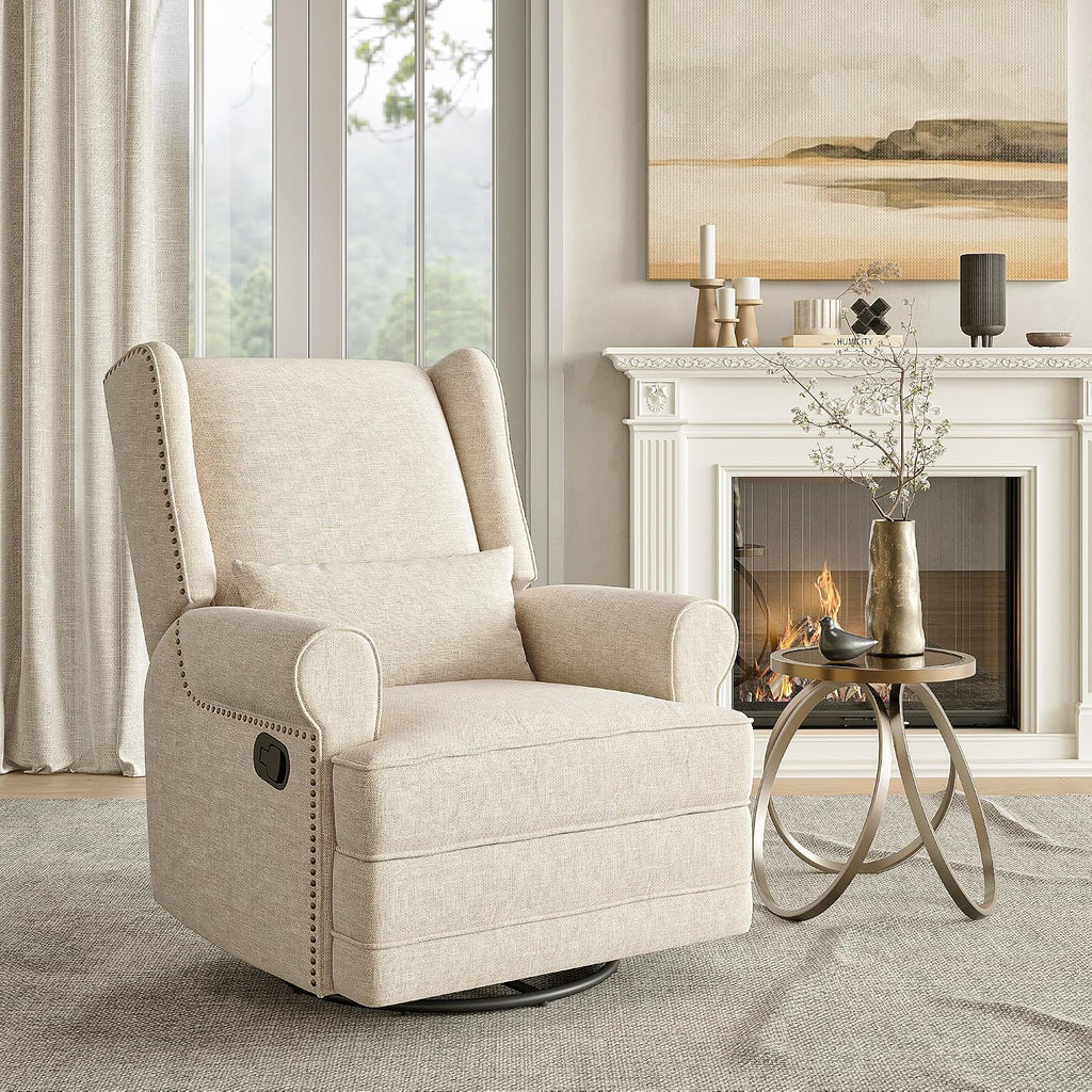 May in Color Swivel Recliner Chair with Extra Large Footrest, Comfy Upholstered Glider Rocking Chair for Living Room, Bedroom and Ofice, Beige
