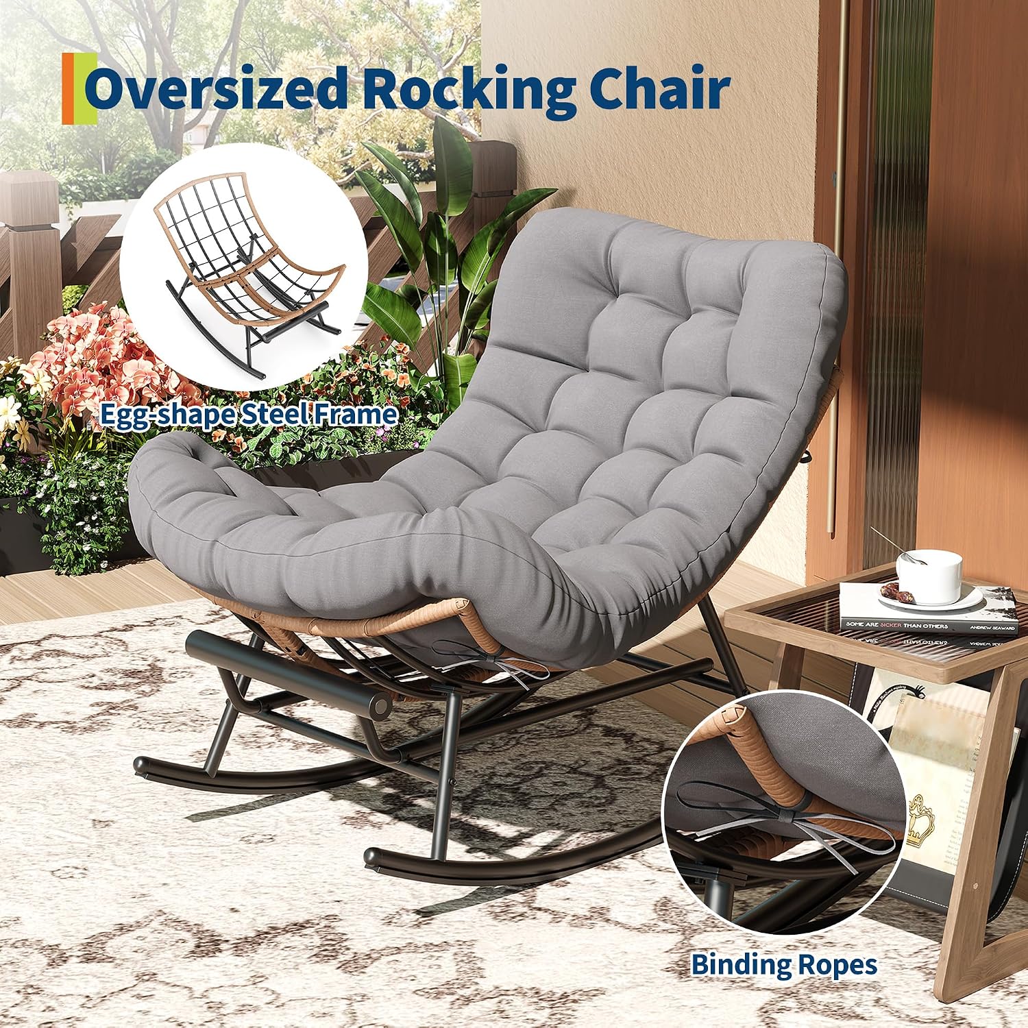 Garvee Outdoor Rocking Chair with Footrest, Oversized Patio Papasan Chairs with Cushion, Modern Lounge Rocker Chair for Indoor Living Room Garden Porch Balcony, Grey