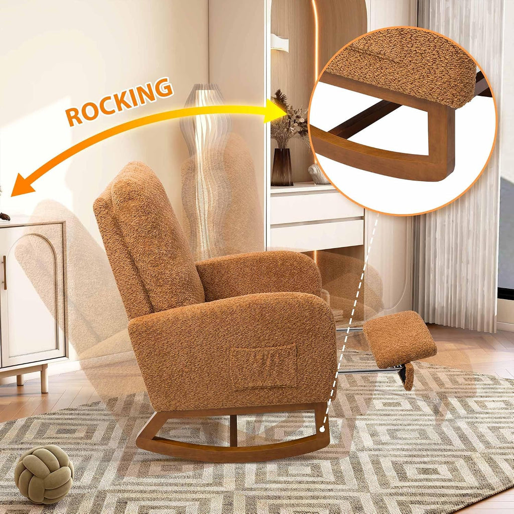 Aoiy & Wifon Rocking Chair Nursery, Modern Nursery Rocking Chairs with Side Pocket & Footrest, Upholstered Rocking Chair Nursery Glider, Boucle, Caramel