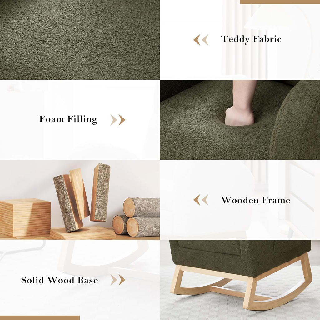Setawix Teddy Rocking Glider Chair with Footrest for Nursery,Upholstered Living Room Rocker Arm Chair,Leisure Rocking Armchair,Mid Century Modern Rocking Accent Chair with Side Pockets (Teddy Green)
