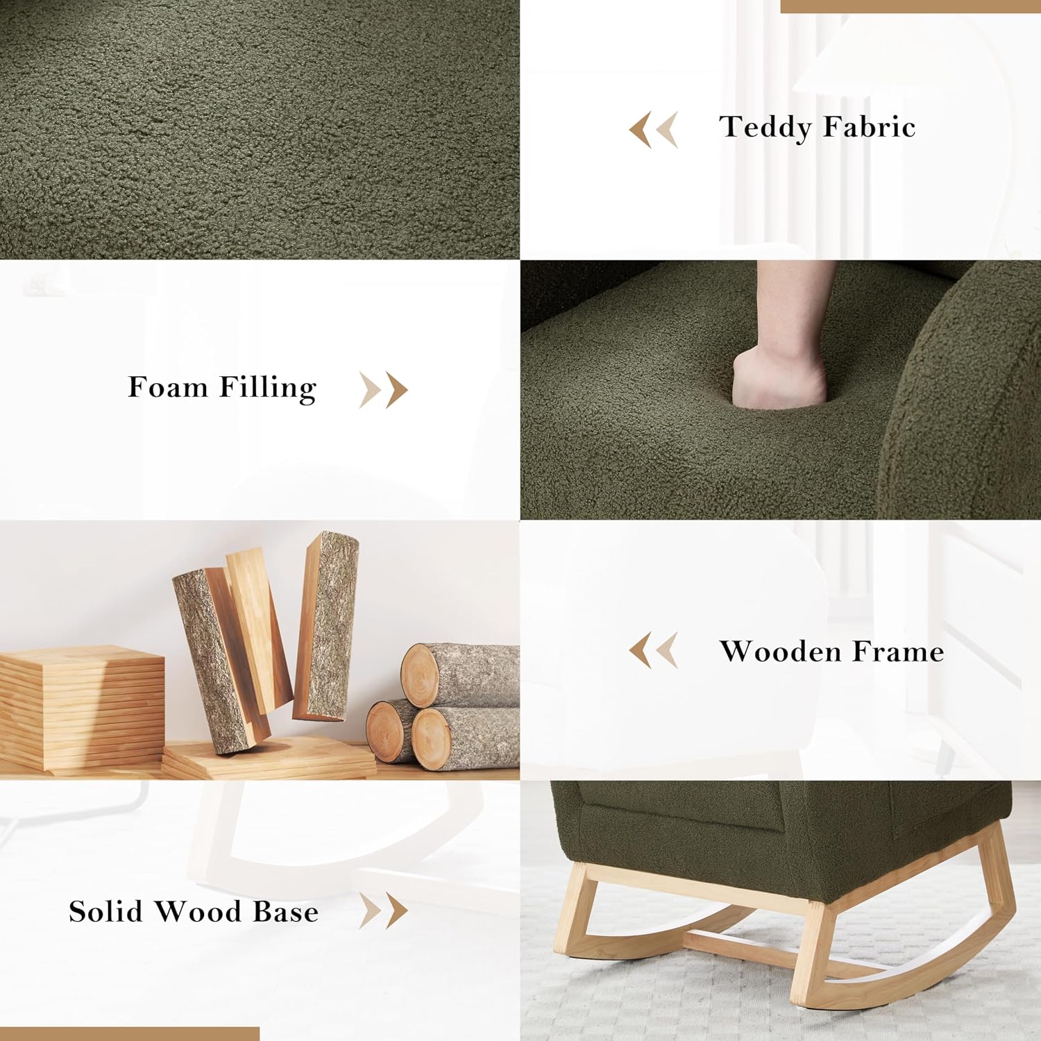 Setawix Teddy Rocking Glider Chair with Footrest for Nursery,Upholstered Living Room Rocker Arm Chair,Leisure Rocking Armchair,Mid Century Modern Rocking Accent Chair with Side Pockets (Teddy Green)