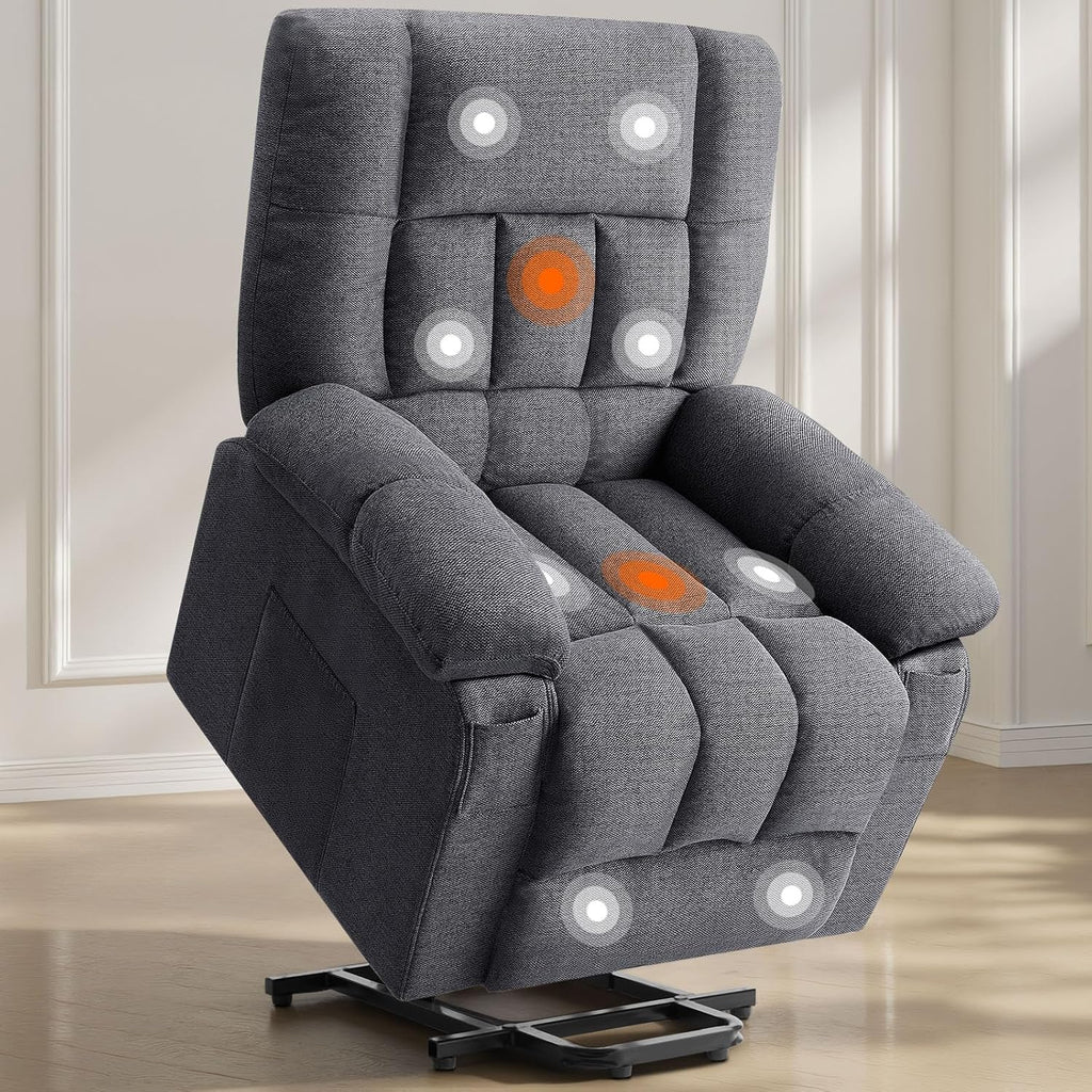 Sweetcrispy Power Lift Recliner Chair with Vibration Massage and Heat for Elderly, Ergonomic Overstuffed Breathable Fabric Reclining Chair with 3 Pockets, Remote Control, Living Room, Light Brown