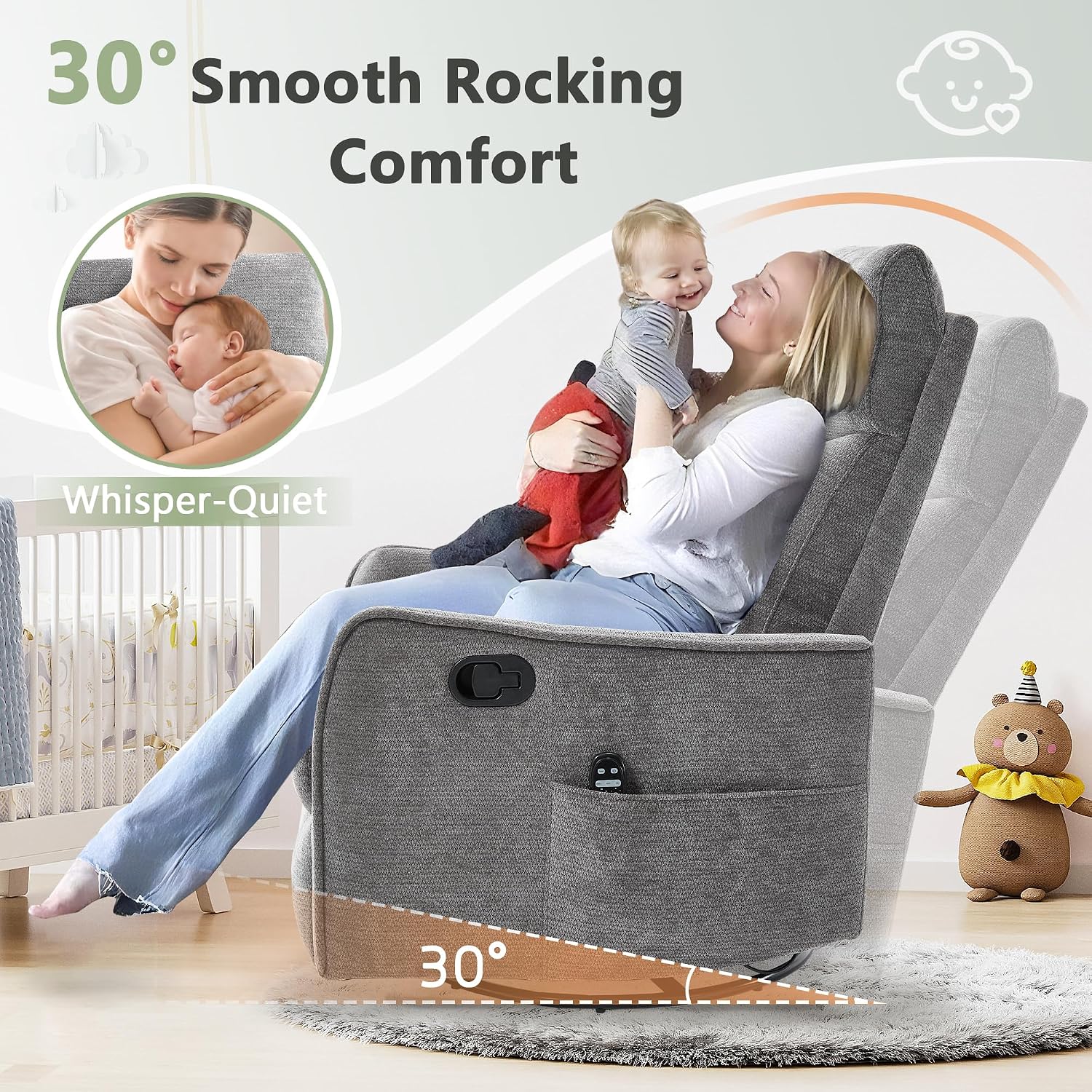 cinkehome Heated Massage Swivel Rocker Recliner Chair for Nursery - Small Space Reclining Chair with Lumbar Support, 360° Swivel & Gentle Rocking, Ergonomic High Back Chenille Fabric Gray
