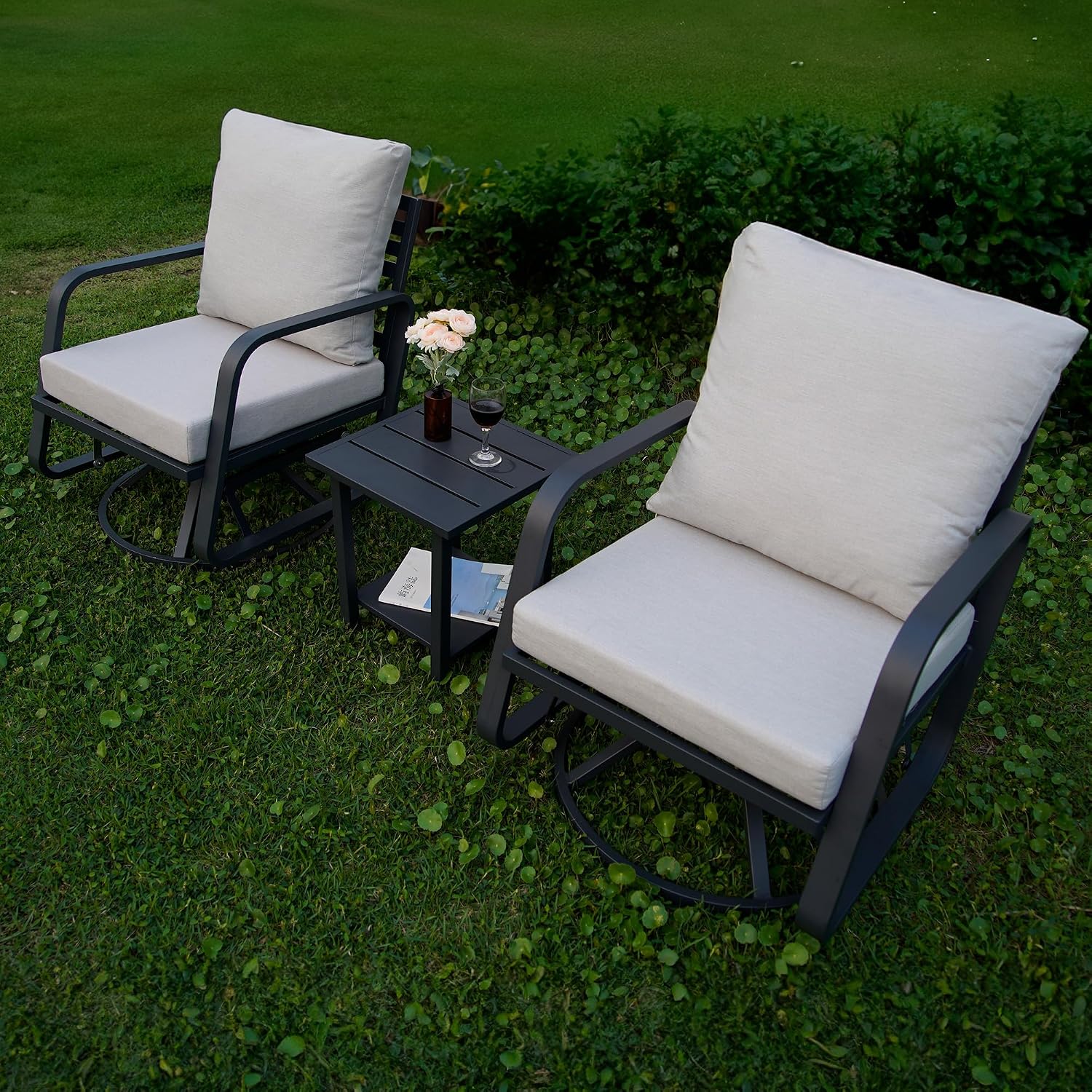 Patio Chairs Swivel Rocker Sets: 3Pieces Aluminum Alloy Ensemble 360° Swivel Rocking Chairs, Rust-Resistant Frame Cushions -Perfect for Backyard, Deck, Porch, and Balcony Decoration(2Swivels+1Table)