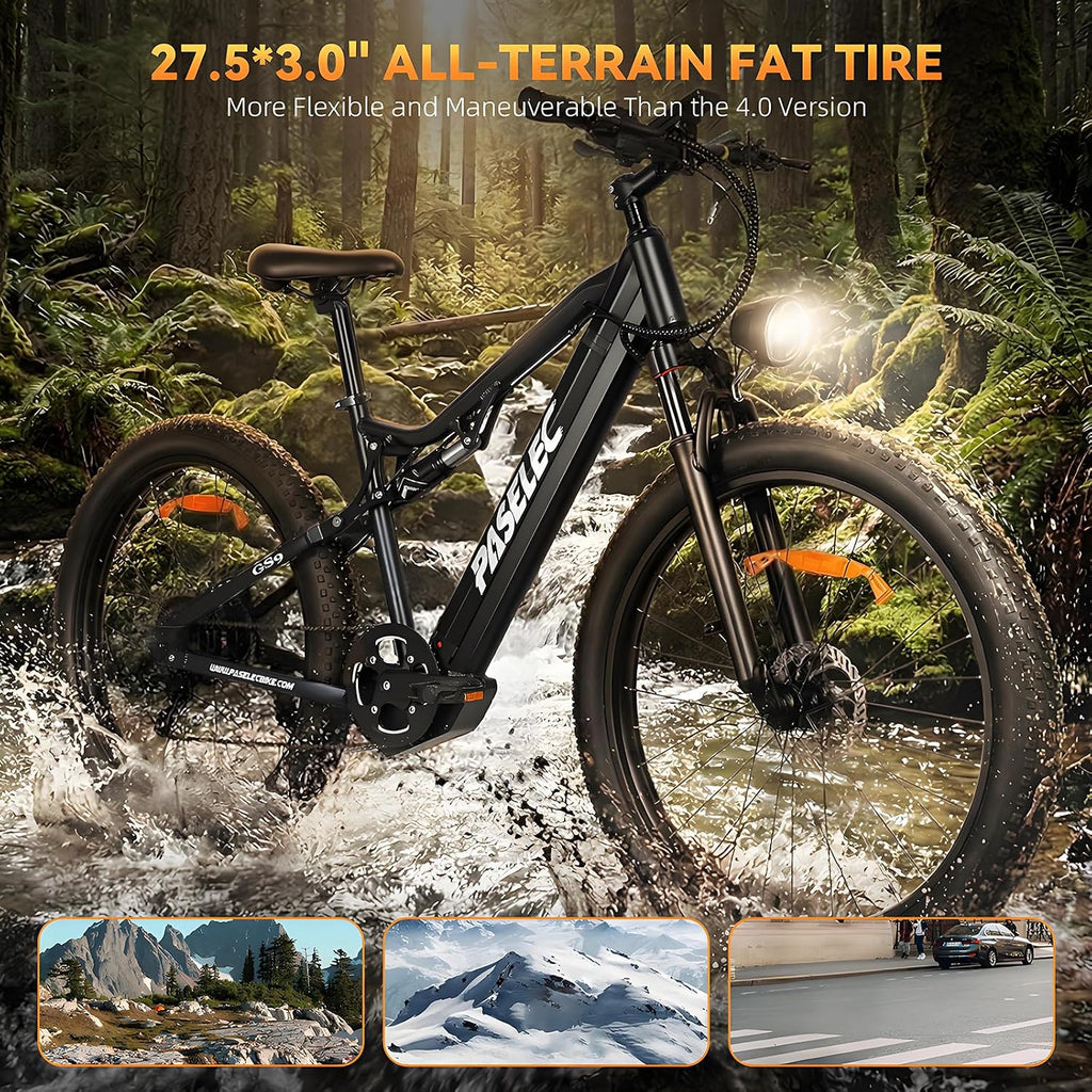 PASELEC Electric Bike for Adults, 1300W Peak Motor E-bike, 27.5'x3.0' Fat Tire Electric Mountain Bike With Full Suspension, 15.6Ah Removable Battery Adult Electric Bicycle, 70 Miles Max Range, 8-Speed