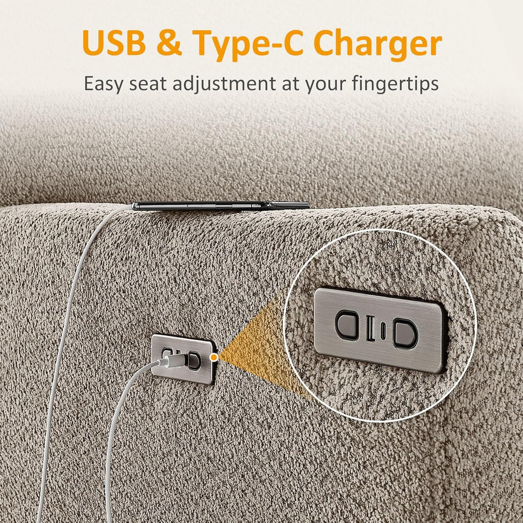 VANOMi Power Recliner Chair, 270° Swivel Nursery Chair with USB Charging Port Comfy Boucle Glider Rocking Chairs for Living Room, Nursery, Bedroom, Camel