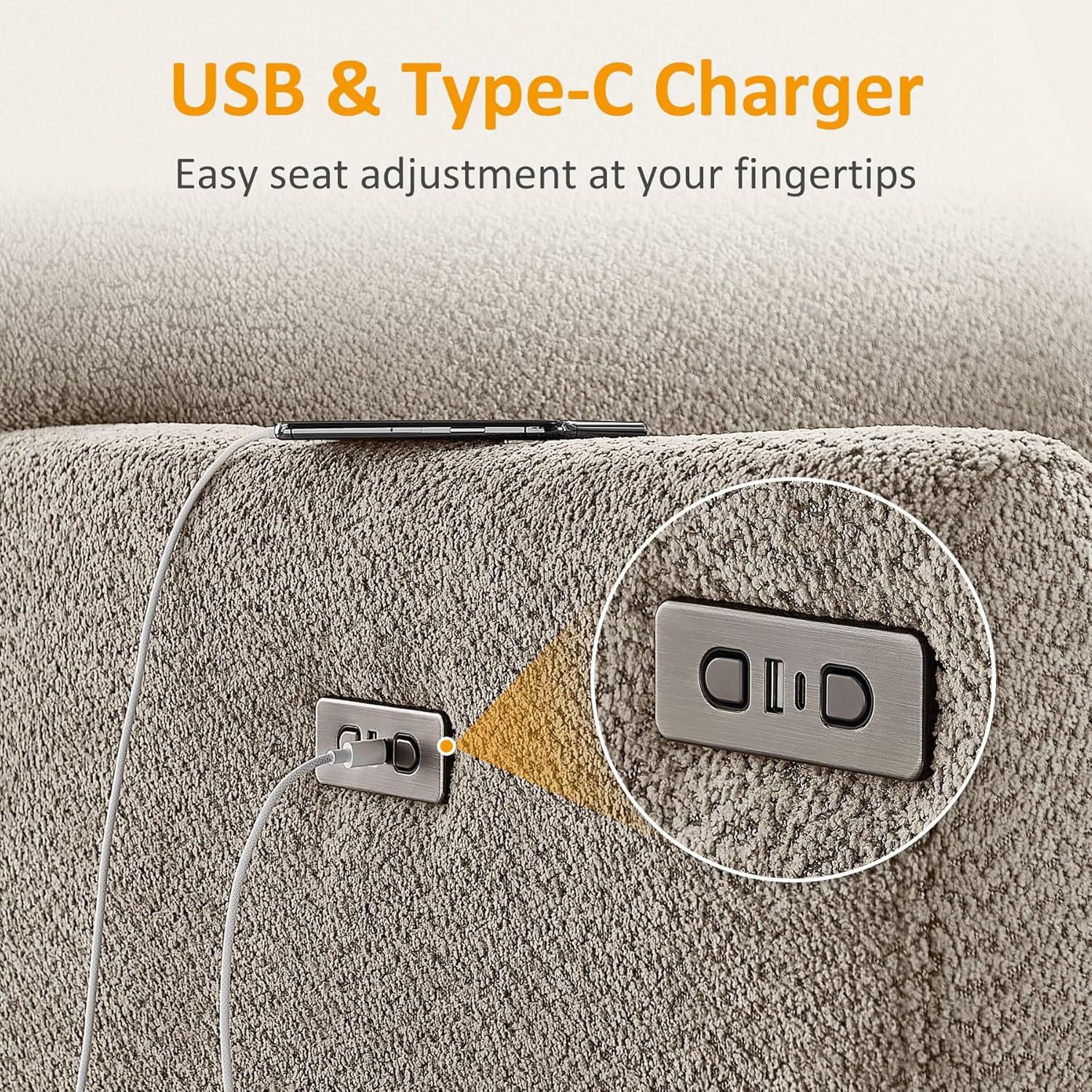 VANOMi Power Recliner Chair, 270° Swivel Nursery Chair with USB Charging Port Comfy Boucle Glider Rocking Chairs for Living Room, Nursery, Bedroom, Camel