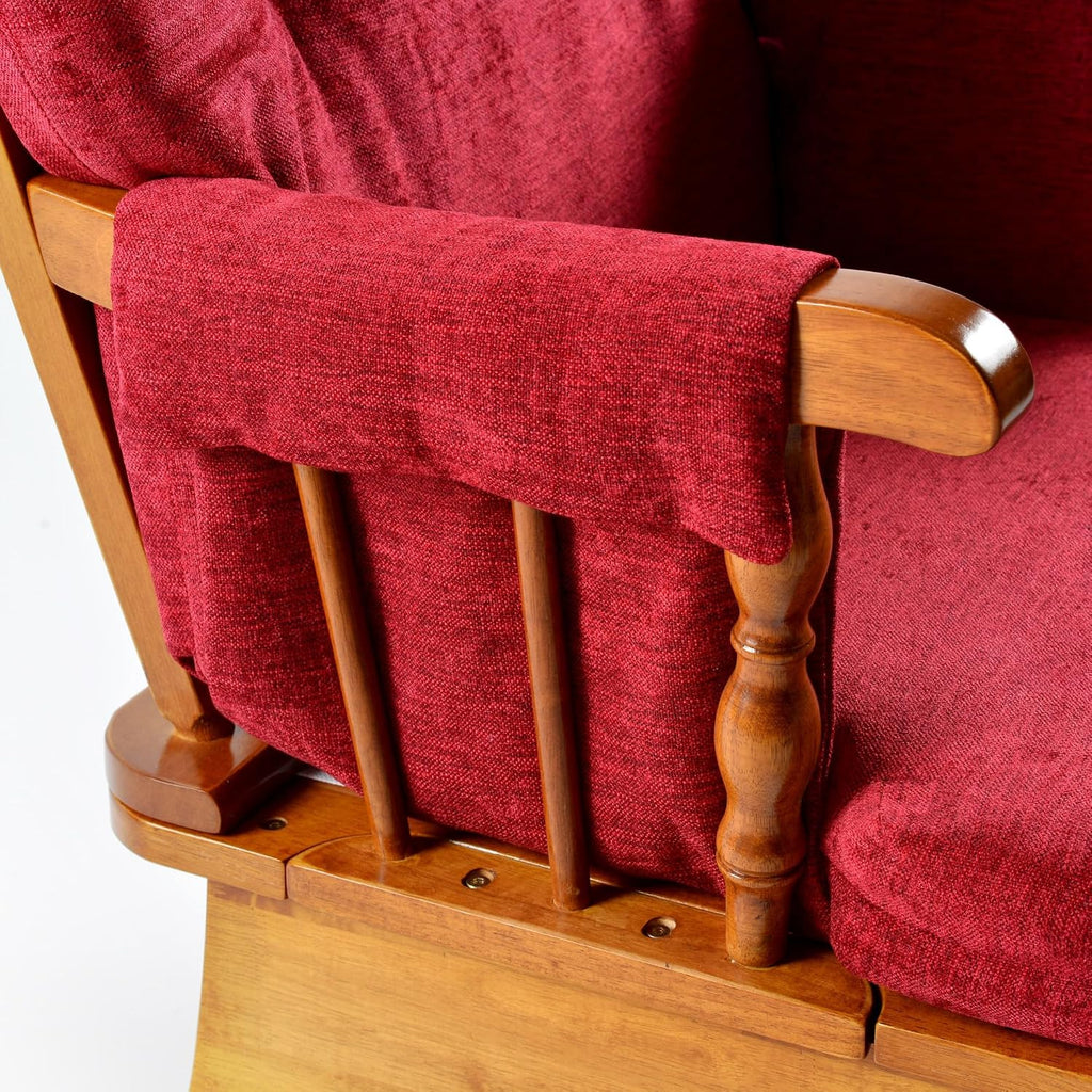 Glider Rocking Chair with Ottoman Set, Solid Wood Nursery Glider Rocker with Thick Padded Cushion, High Back Upholstered Swivel Glider for Living Room, Nursing, Reading, 280LBS Weight Capacity,Oak+Red