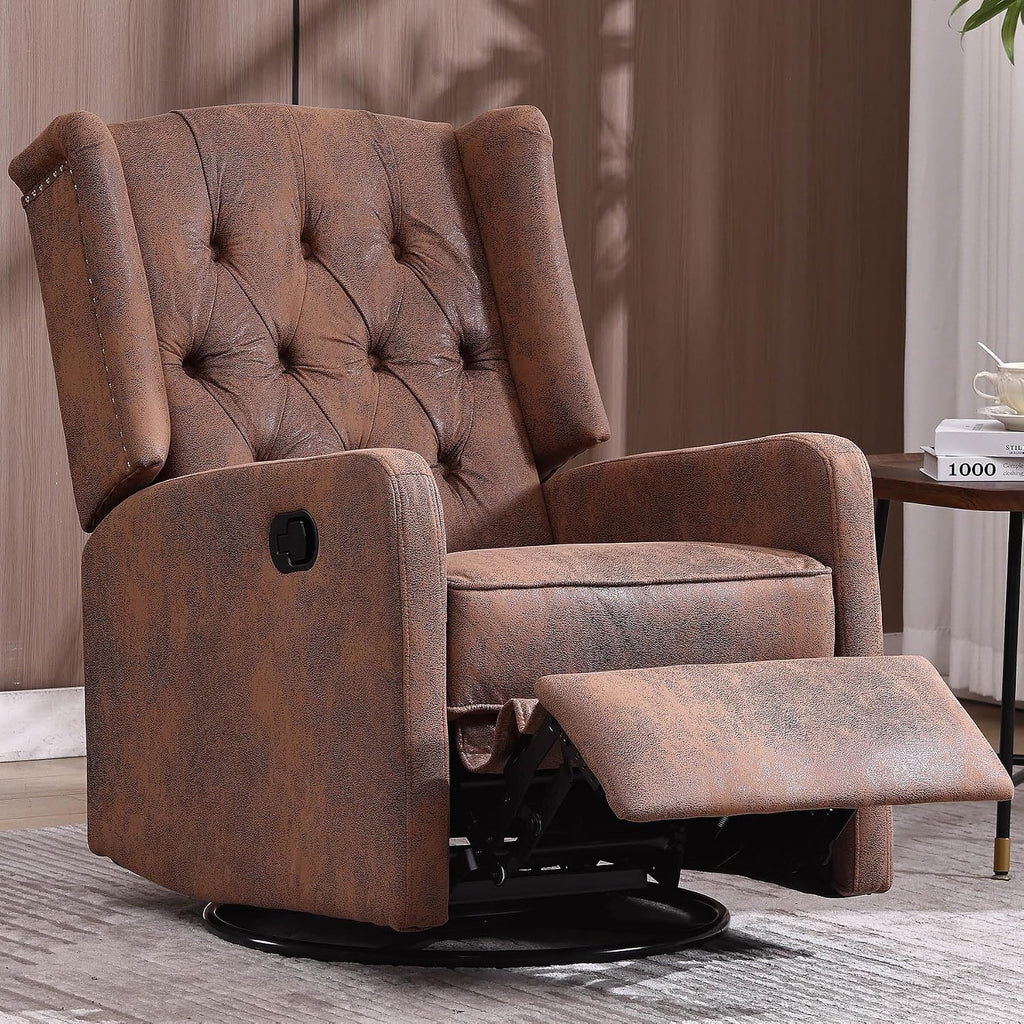 HRVEOCEI Glider Recliner Nursery Chair, Cozy Microsuede Rocking Chair Nursery Recliner with Adjustable Button Backrest and Footrest, Swivel Recliner Chair for Living Room, Bedroom, Office (Coffee)