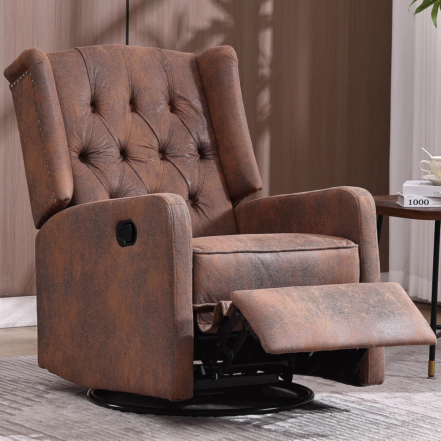 HRVEOCEI Glider Recliner Nursery Chair, Cozy Microsuede Rocking Chair Nursery Recliner with Adjustable Button Backrest and Footrest, Swivel Recliner Chair for Living Room, Bedroom, Office (Coffee)