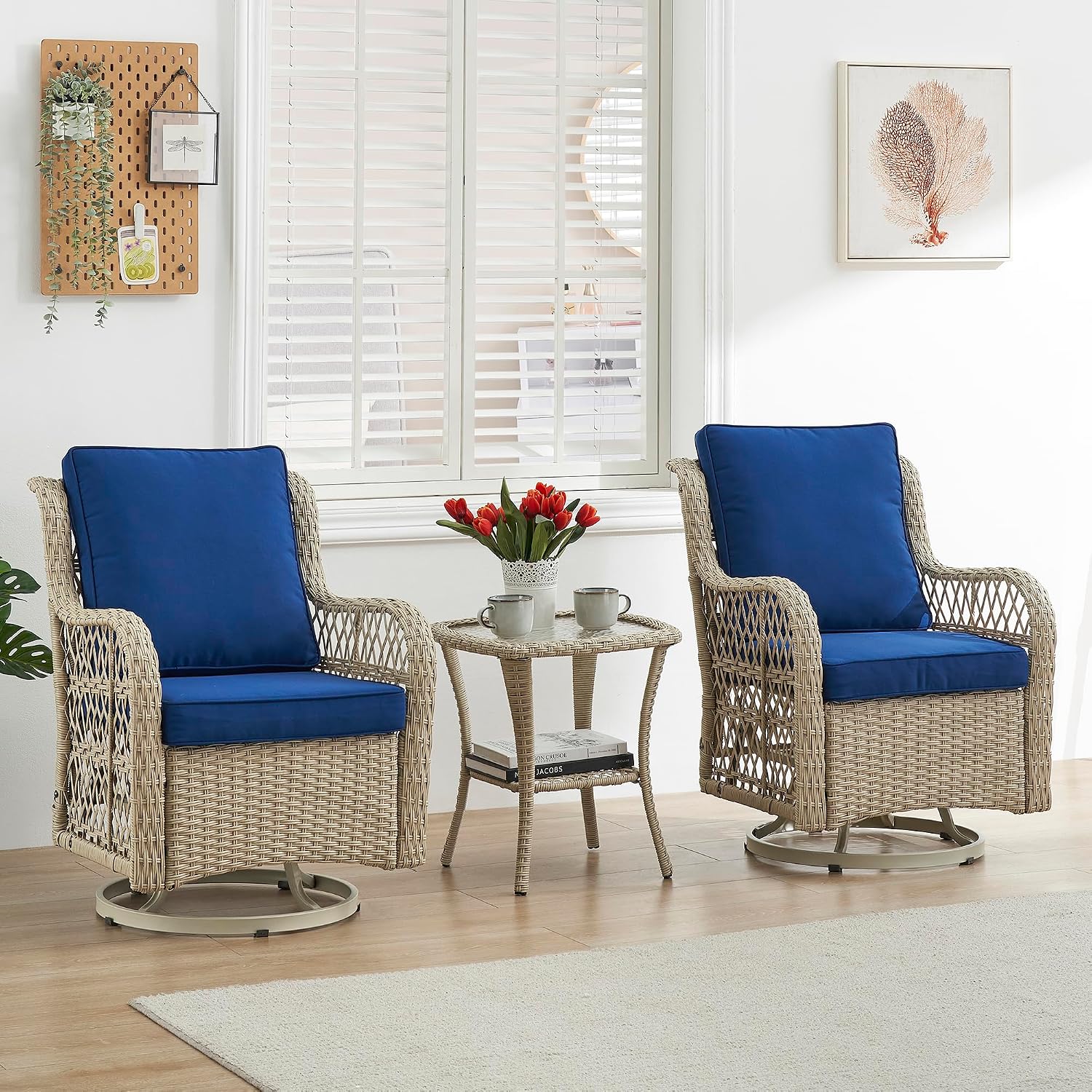 GAOMON 3 Piece Outdoor Patio Set, Wicker Rocking Bistro Set with 2 Swivel Chairs & Tempered Glass Top Table, Rattan Outdoor Furniture with Cushions for Patio Porch Backyard,Beige Rattan/Navy Cushion