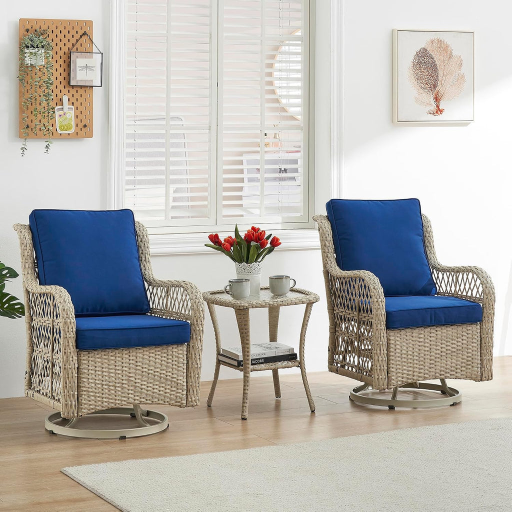 GAOMON 3 Piece Outdoor Patio Set, Wicker Rocking Bistro Set with 2 Swivel Chairs & Tempered Glass Top Table, Rattan Outdoor Furniture with Cushions for Patio Porch Backyard,Beige/Light Blue Cushion