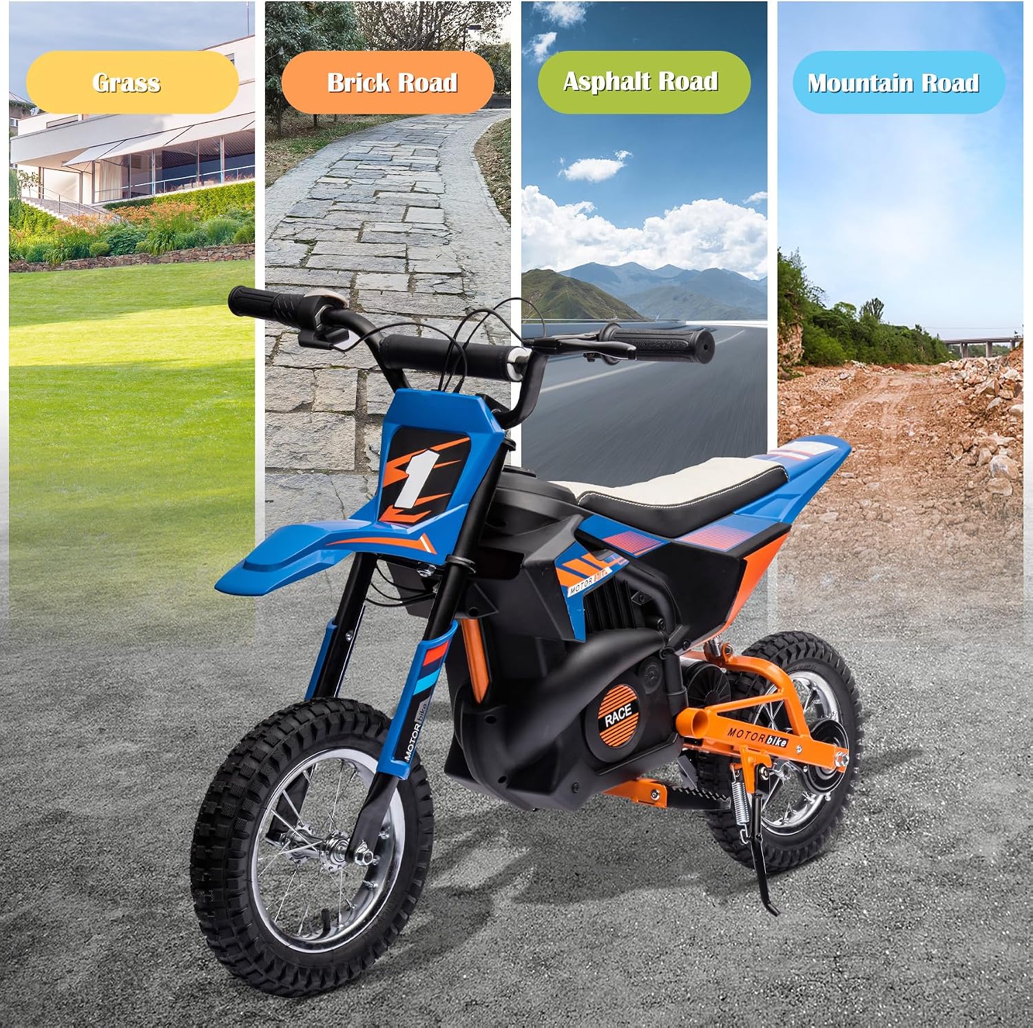 24V Electric Dirt Bike for Kids, 250W Strong Motor 13.6MPH Fast Speed Electric Off-Road Motorcycle, Mini Dirt Bike with Rear Wheel Suspension, Chain-Driven, Leather Seat, Disc Brake, Blue