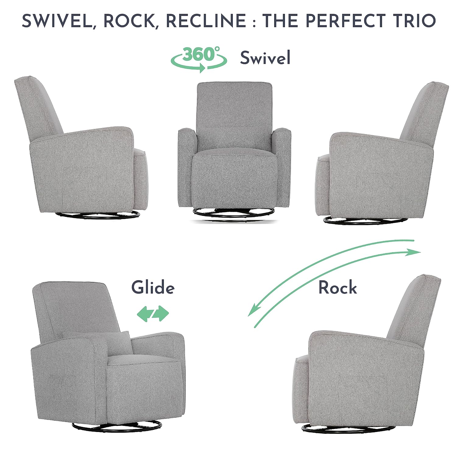 Evolur Holland Upholstered Plush Seating Glider Swivel, Glider Chair for Nursery in Light Grey, Modern Nursery Glider, Tool-Free Assembly, Easy to Clean, Environmentally Conscious Glider