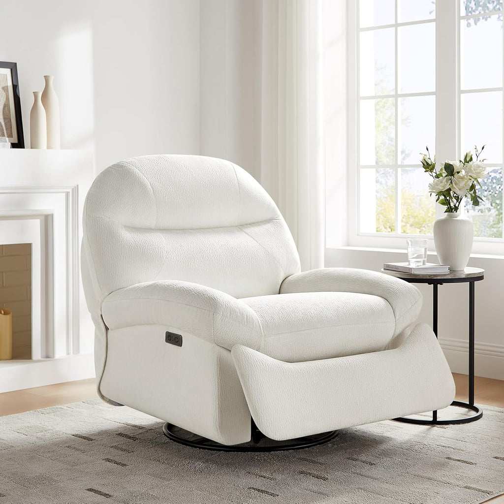 VANOMi Power Recliner Chair with USB & Type-C Charging, 270° Swivel Glider Rocker, Electric Nursery Recliner for Living Room, Bedroom, and Office, White