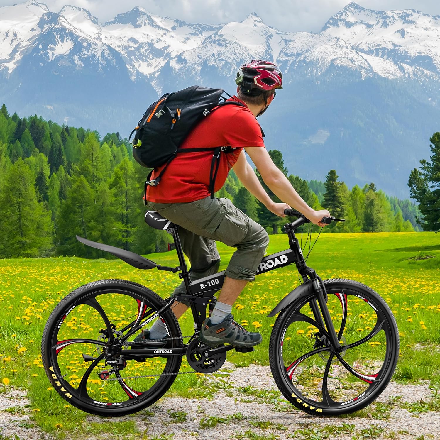 Outroad 26 Inch Folding Mountain Bike, 21 Speed Full Suspension High-Carbon Steel MTB Foldable Bicycle, Dual Disc Brake Adjustable Seat and Non-Slip Folding Bikes for Adults/Women/Men,Black