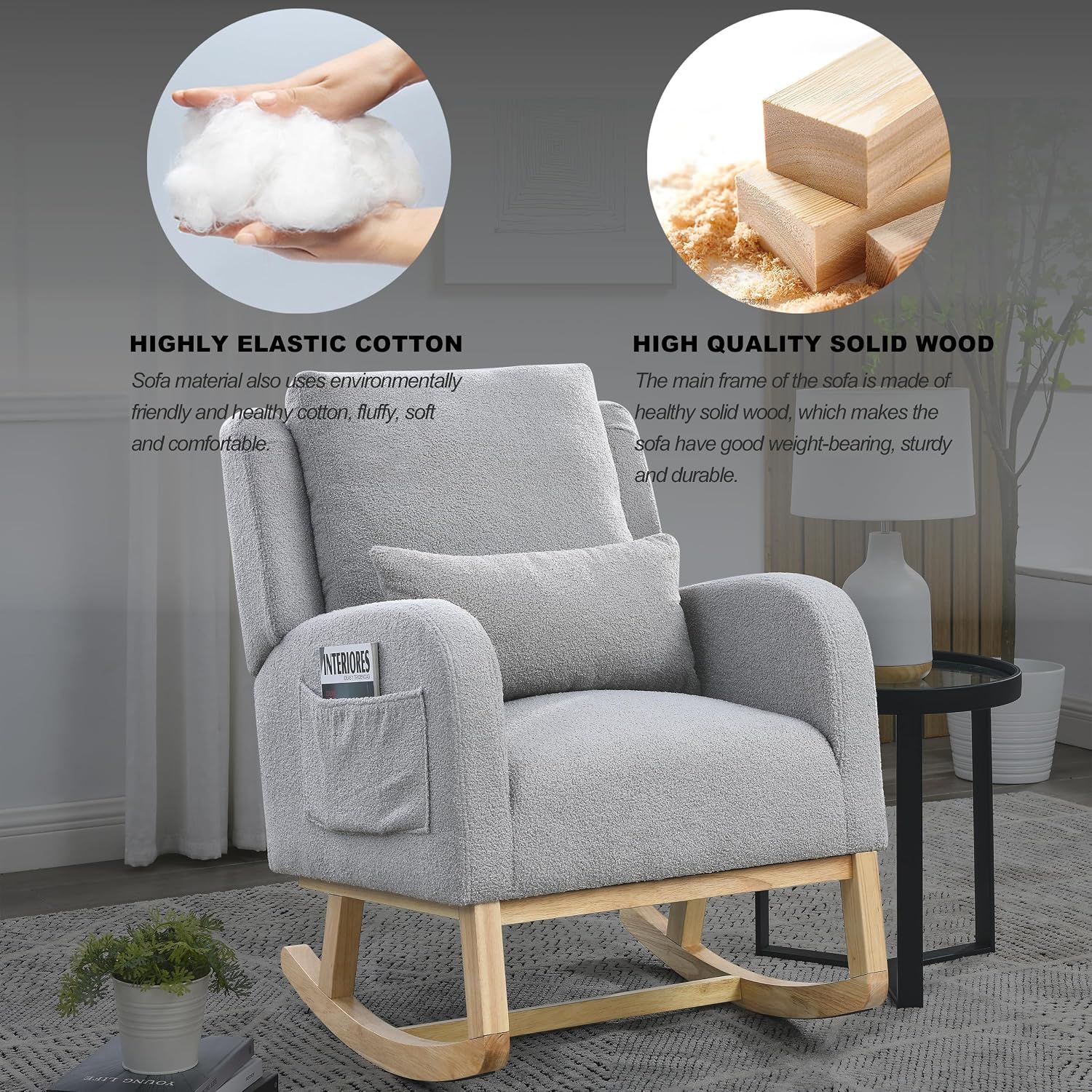 27.5 'W Nursery Rocking Chair Teddy Upholstered Accent Rocker Chair with Pillow Cushion Comfy Soft Rocker Glider Solid Rubber Wood Leg for Bedroom Living Room Nursing Room, Grey