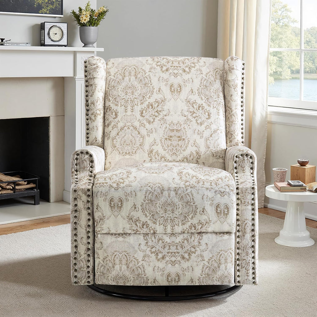 Lumibee Swivel Rocker Recliner Chairs, Printed Fabric Swivel Glider Rocking Chair with High Back, Upholstered Deep Seat Wingback Recliner Chair for Living Room Bedroom, Beige