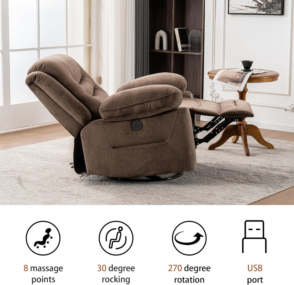 Ketaiyou Power Swivel Rocker Recliner with Massage and Heat, USB Port, Infinite Position, Oversized Electric Glider Rocking Chairs Living Room, Soft Fabric Reclining Sofa Chair(Mocha)