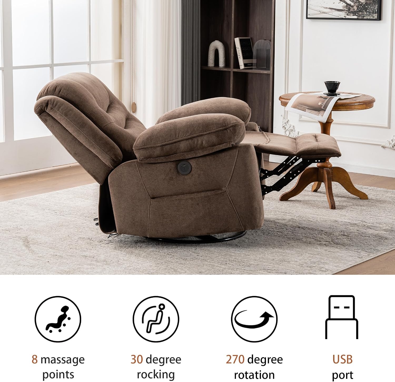Ketaiyou Power Swivel Rocker Recliner with Massage and Heat, USB Port, Infinite Position, Oversized Electric Glider Rocking Chairs Living Room, Soft Fabric Reclining Sofa Chair(Mocha)