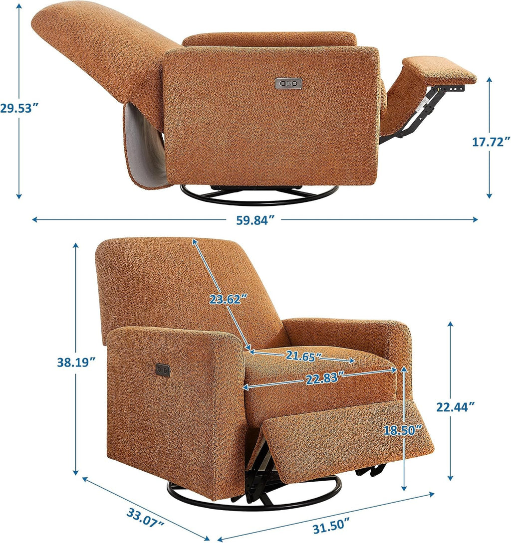 VANOMi Power Recliner Chair, 270° Swivel Nursery Chair with USB Charging Port Comfy Boucle Glider Rocking Chairs for Living Room, Nursery, Bedroom, Curry