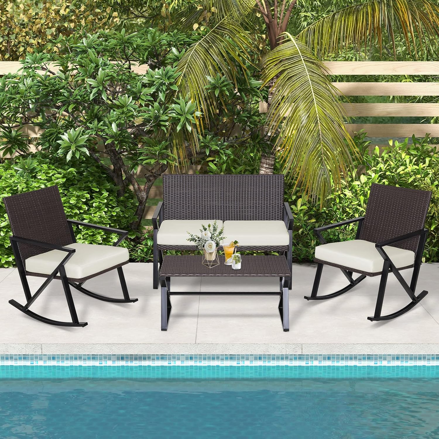 Tangkula 4 Piece Patio Rocking Furniture Set, Patiojoy Heavy Duty PE Wicker Loveseat with 2 Rocking Chairs & 1 Coffee Table, Outdoor Rattan Conversation Set for Porch, Poolside, Balcony