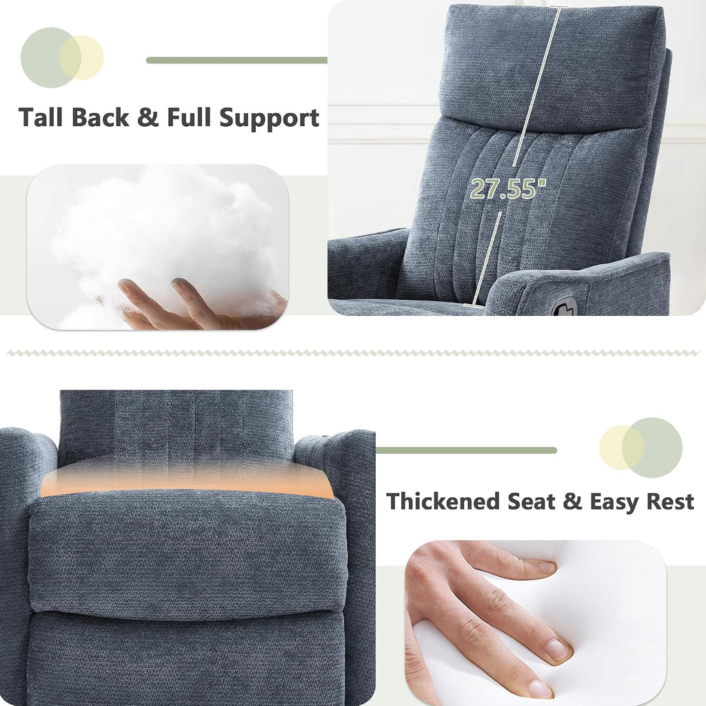 cinkehome Heated Massage Swivel Rocker Recliner Chair for Nursery - Small Space Reclining Chair with Lumbar Support, 360° Swivel & Gentle Rocking, Ergonomic High Back Chenille Fabric Blue
