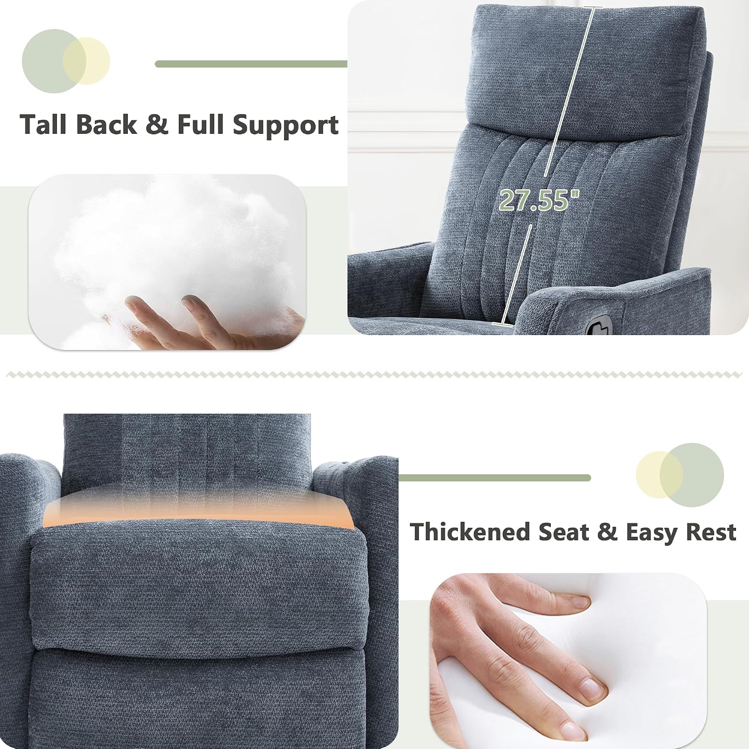 cinkehome Heated Massage Swivel Rocker Recliner Chair for Nursery - Small Space Reclining Chair with Lumbar Support, 360° Swivel & Gentle Rocking, Ergonomic High Back Chenille Fabric Blue