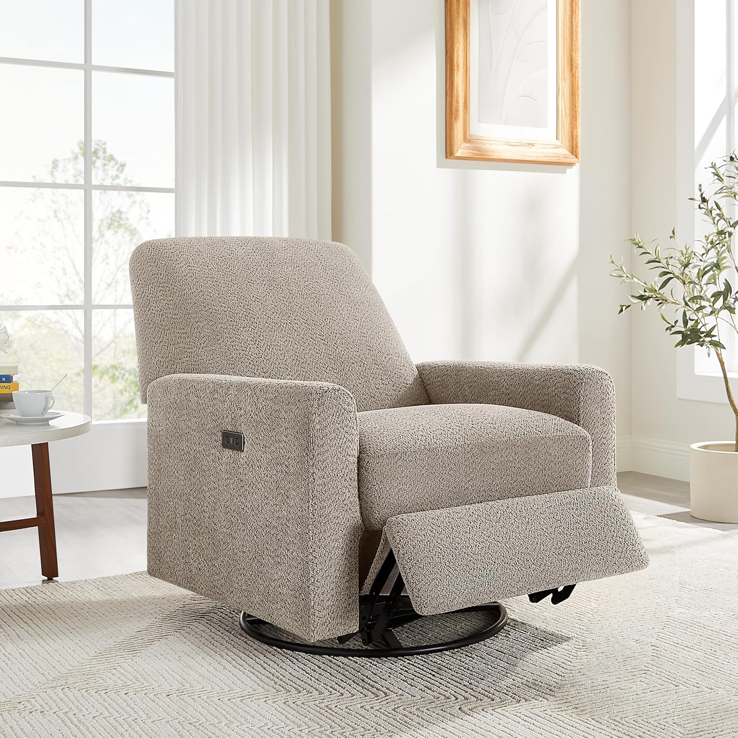 VANOMi Power Recliner Chair, 270° Swivel Nursery Chair with USB Charging Port Comfy Boucle Glider Rocking Chairs for Living Room, Nursery, Bedroom, Camel